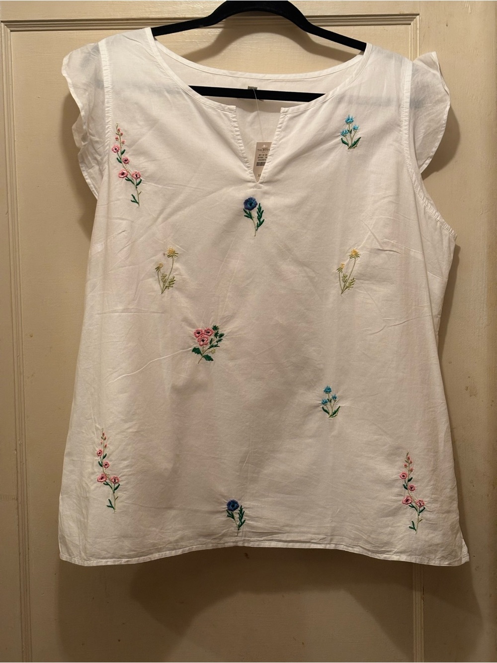 Talbots White Cotton Embroidered Flutter Sleeve Blouse
